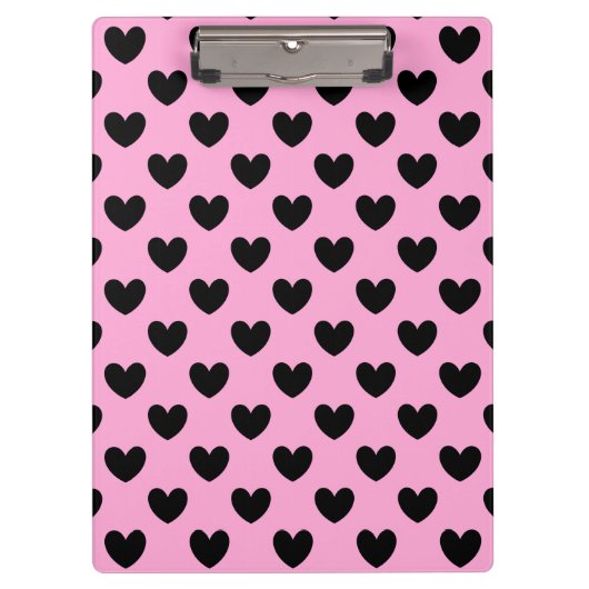 Zwarte polka harten op katoenroze snoep klembord (Voorkant)