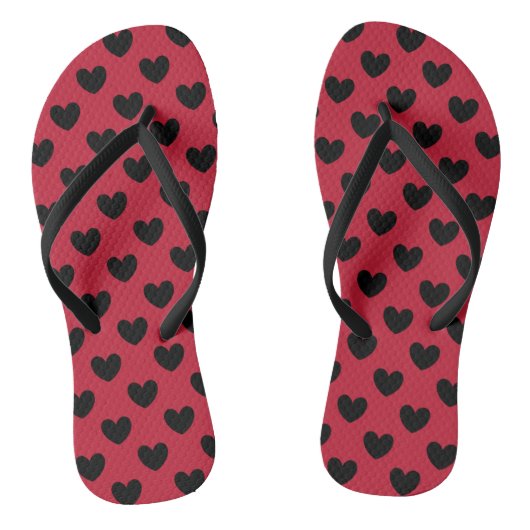 Zwarte polka harten rood teenslippers (Voetbed)