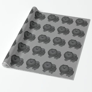 Zwarte Pomeranian Honden Patroon Op Grijs Cadeaupapier