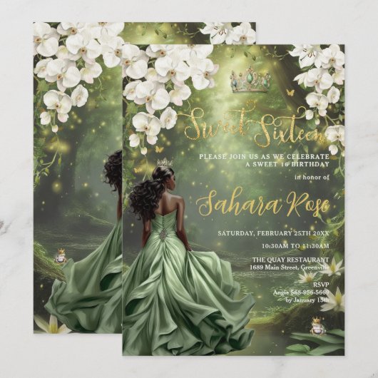 Zwarte prinses en kikker Sage Green Dress Sweet 16 Kaart (Voorkant / Achterkant)