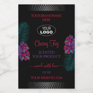 Zwarte Productlabels Teal Paars Rode Bloemen Logo Voedselcontainer Etiket