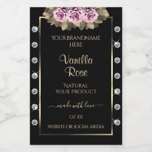 Zwarte Productverpakkingslabels Rozen en Diamanten Voedselcontainer Etiket
