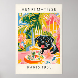 Zwarte Pug Drinkt Koffie, Grappige Hond Afdruk, Ae Poster