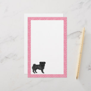 Zwarte Pug Hond Cartoon moppen Roze Liefde Hart Pa Briefpapier