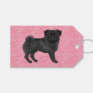Zwarte Pug Hond Cartoon Mops Roze Liefde Hart Patr Cadeaulabel