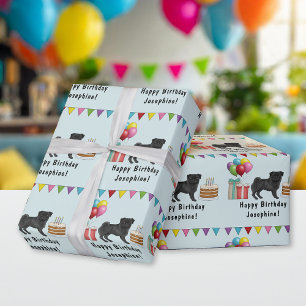 Zwarte Pug Hond Cartoon Veegt Kleurrijke Gelukkige Cadeaupapier