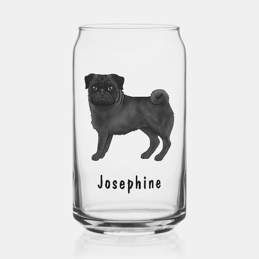 Zwarte Pug Hond Cute Cartoon Mops Met Aangepaste N Blikvorm Glas (Voorkant)