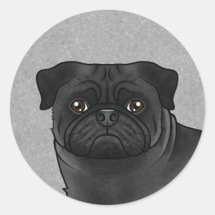 Zwarte Pug Hond Gezicht Close-Up Cartoon Illustrat Ronde Sticker