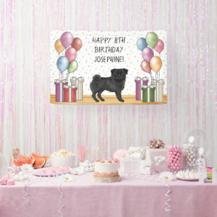 Zwarte Pug Hond Kleurrijke Pastels Gelukkig Verjaa Spandoek