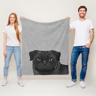 Zwarte Pug Hond Kop Close-Up Cartoon Illustratie Fleece Deken