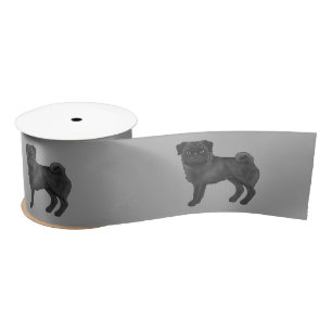 Zwarte Pug Hond Schattige Cartoon Illustratie Grij Lint