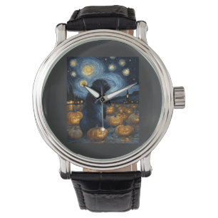 Zwarte Pug hond van gogh sterrenhemel halloween F Horloge