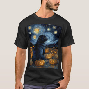 Zwarte Pug-hond van Gogh sterrenhemel Halloween F T-shirt