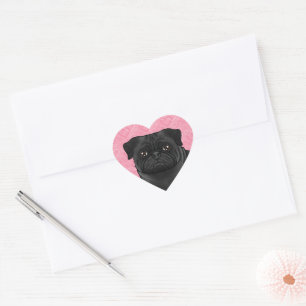 Zwarte Pug Hondenkop Close-Up Op Roze Liefdeshartj Hart Sticker
