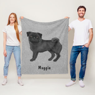 Zwarte pug met eigen naam grijs fleece deken
