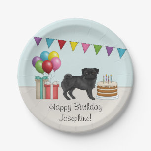 Zwarte Pug Schattige Cartoonhond Kleurrijke Verjaa Papieren Bordje