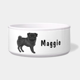 Zwarte Pug Schattige Cartoonhond Met Aangepaste Na Voerbakje