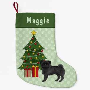 Zwarte Pug Schattige Tekenfilmhond Met Een Kerstbo Kleine Kerstsok