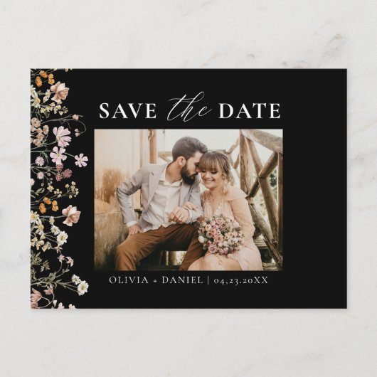 Zwarte QR-code Wildflower Bloemen bruiloft Aankondigingskaart (Voorkant)