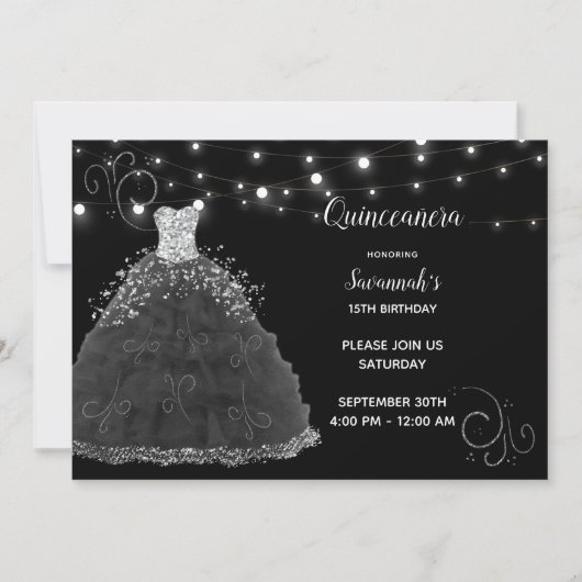 Zwarte Quinceanera Avondjurk String Lights Kaart (Voorkant)
