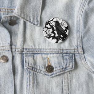 Zwarte Raaf in Boom Zwart en Wit Foto Ronde Button 5,7 Cm