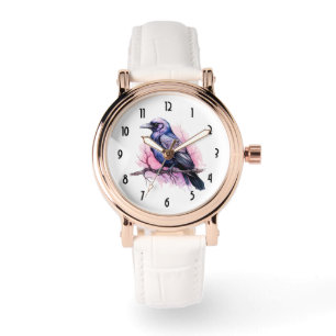 Zwarte raaf op een tak illustratie horloge