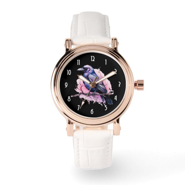 Zwarte raaf op een tak illustratie horloge (Voorkant)