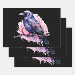 Zwarte raaf op een tak illustratie inpakpapier vel