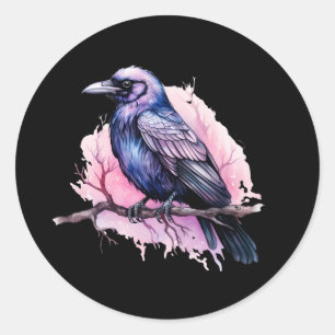 Zwarte raaf op een tak illustratie ronde sticker