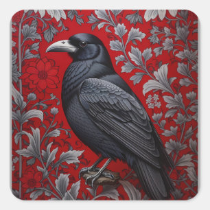 Zwarte Raaf Rode Bloem William Morris Geïnspireerd Vierkante Sticker