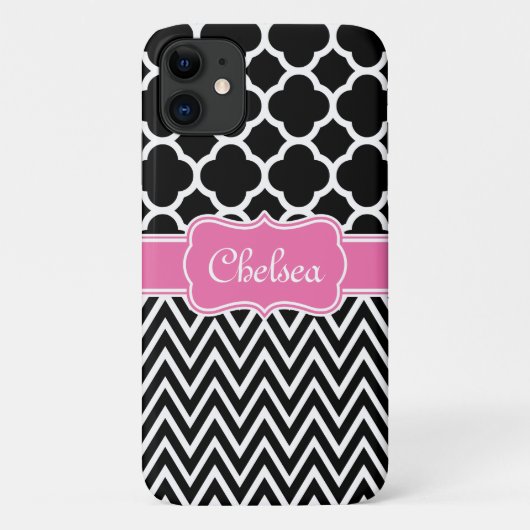 Zwarte raket / Chevron Pattern Roze naam Case-Mate iPhone Case (Achterkant)