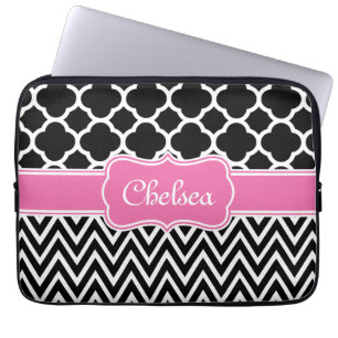 Zwarte raket / Chevron Pattern Roze naam Laptop Sleeve