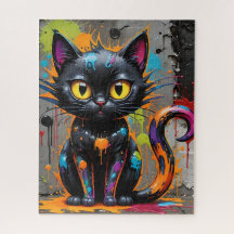 Zwarte Regenboog Splatter Kat Jigsaw Puzzel