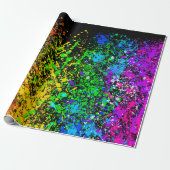 Zwarte regenboogkleur Verf Splatter Kleurig Cadeaupapier (Uitgerold)