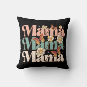 Zwarte Retro Bloem Vlinder Mama Typografie Kussen