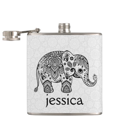 Zwarte Retro Paisley Olifant Illustratie Heupfles (Geopend)