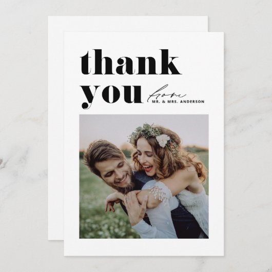 Zwarte Retro Typografie Moderne foto bruiloft Bedankkaart (Voorkant / Achterkant)