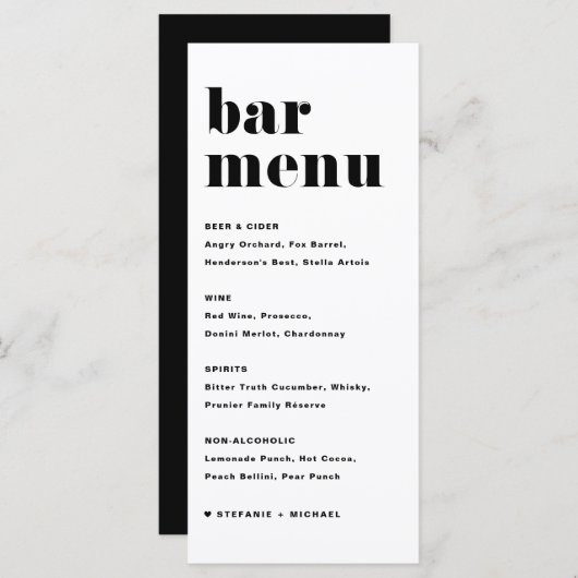 Zwarte Retro Typografie Trouw Bar Menu (Voorkant / Achterkant)