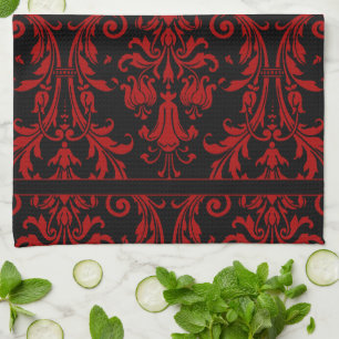 Zwarte & Rode Bloemen Wervelingen Damask 4 Monogra Theedoek