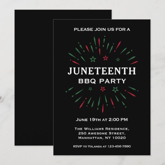 Zwarte Rode Groene Vuurwerk Juneteenth BBQ Feestje Kaart (Voorkant / Achterkant)