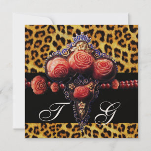 ZWARTE RODE KORAAL ROZEN, LUIPAARDPRINT MONOGRAM KAART