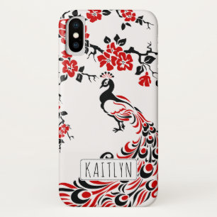 Zwarte, rode pauw & kersenbloesem art nouveau iPhone x hoesje
