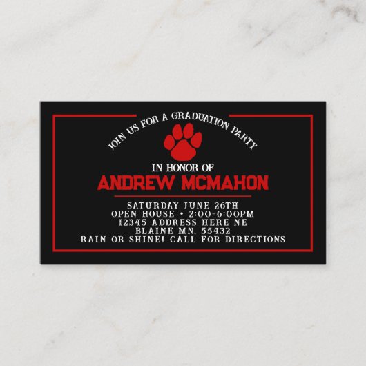 Zwarte & Rode Pawprint Mini Afstuderen Uitnodiging (Voorkant)