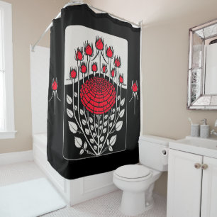 ZWARTE RODE ROSES, ROSEBUDS Art Nouveau Floral Douchegordijn