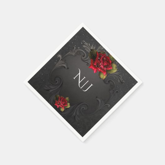 Zwarte rode rozen bruiloft servetten (Hoek)