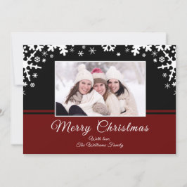 Zwarte rode witte sneeuwvlokken kerstfoto feestdagenkaart