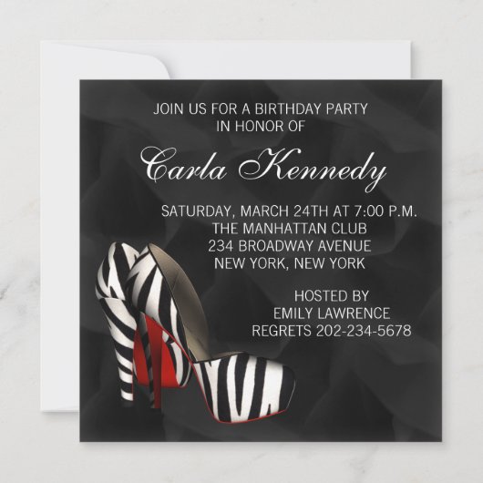 Zwarte Rode Zebra High Heel Shoe Verjaardagsfeest Kaart (Achterkant)
