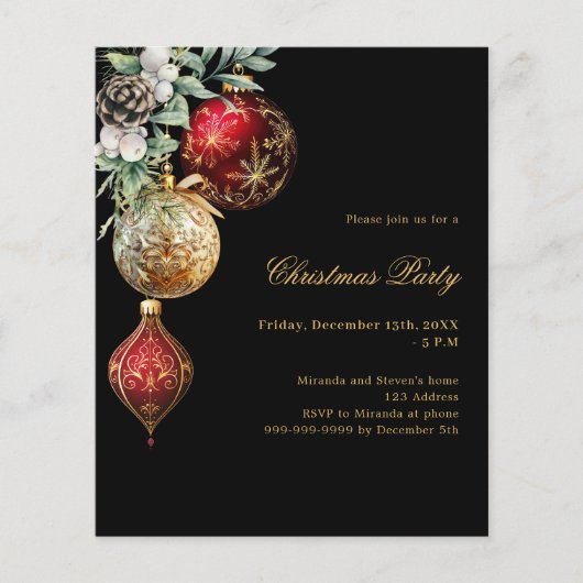 Zwarte rood gouden kerstballen Uitnodiging van het (Voorkant)