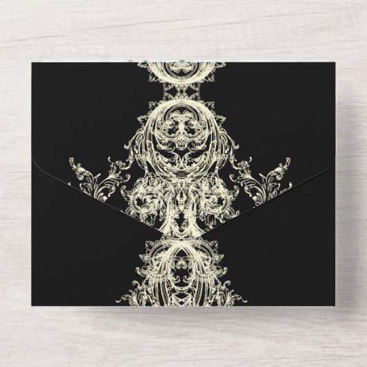 Zwarte roomgrijze skelet all in one uitnodiging (Achterkant)