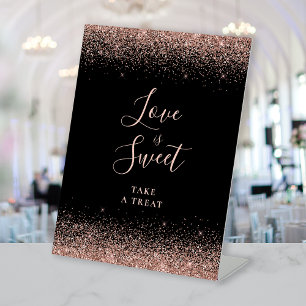 Zwarte Roos Gouden Glitter Bruiloft Liefde Is Zoet Reclamebord Met Voetstuk